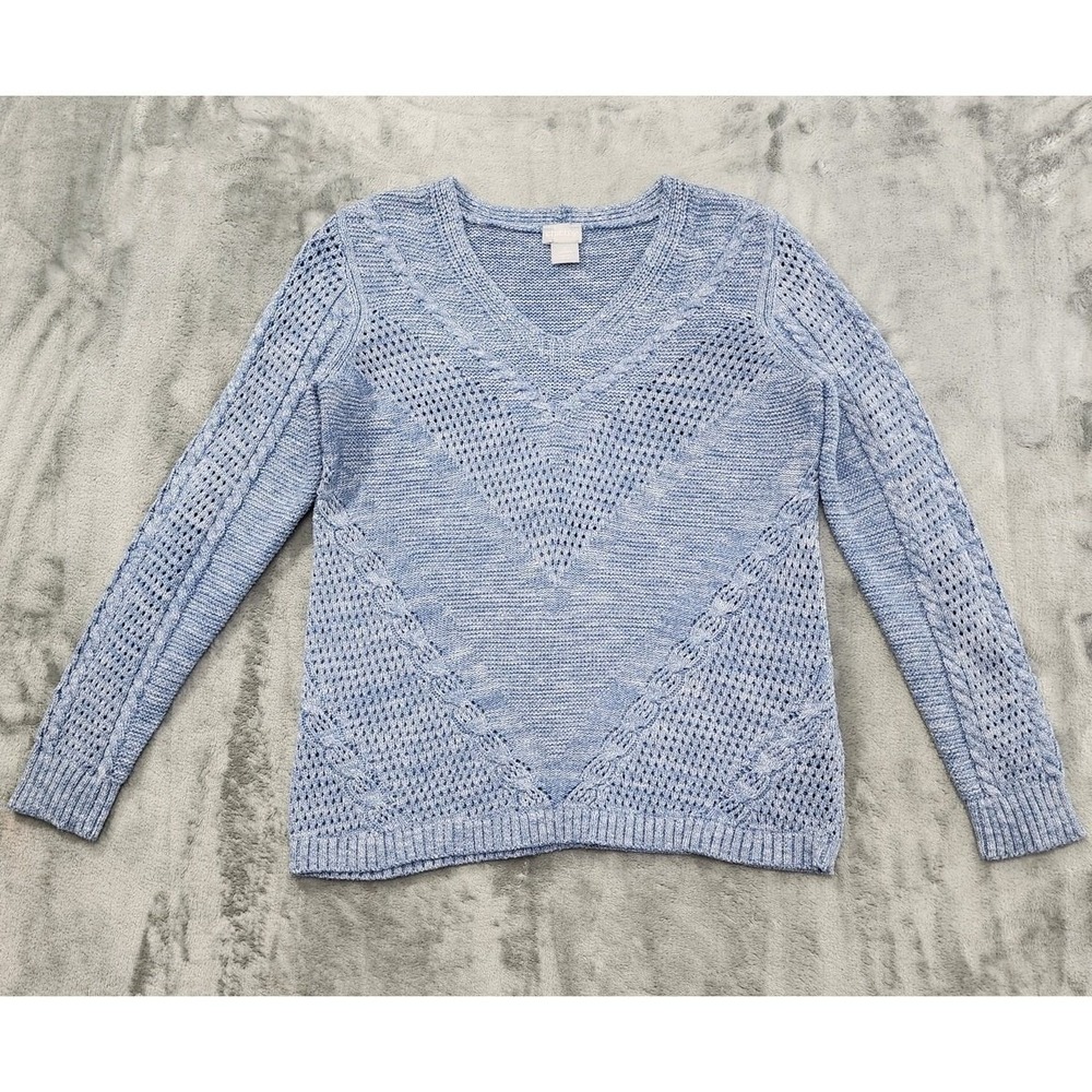 Chico's Sweater Womens 0 S Blue Textured Knit V-Neck Chevron Pullover Casual